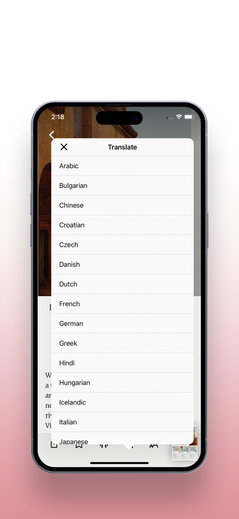 The Australian Women's Weekly - オーストラリアン・ウィメンズ・ウィークリーのアプリの翻訳メニュー。さまざまな言語オプションが表示されています。