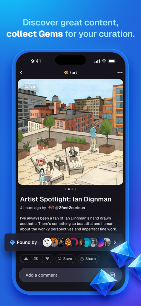Digg mobile app displaying an art post and gems rewards for content curation