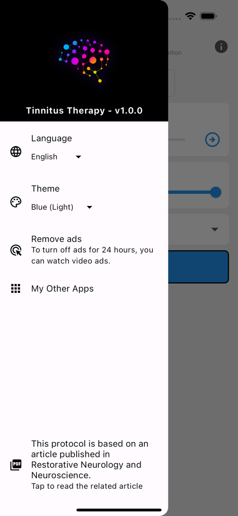 Tinnitus Therapy - ACRN - Menu des paramètres de l'application Tinnitus Therapy ACRN montrant les options de thème et de langue