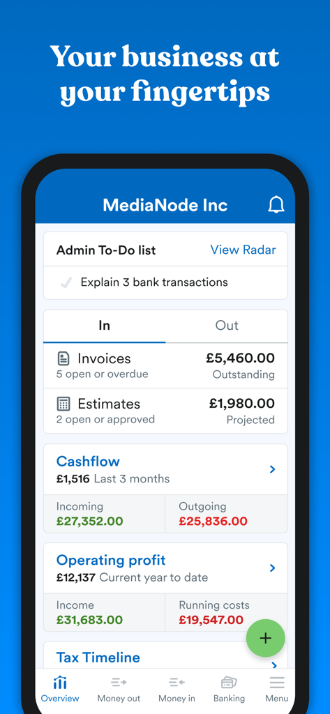FreeAgent mobile app dashboard showing business cashflow and operating profit overview