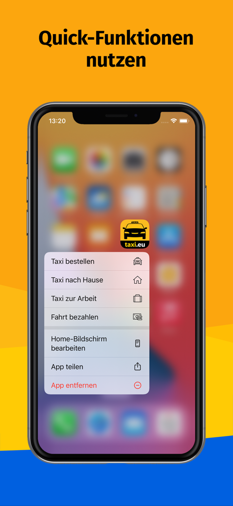 iPhone home screen displaying the taxi.eu quick actions menu for fast taxi booking and payment