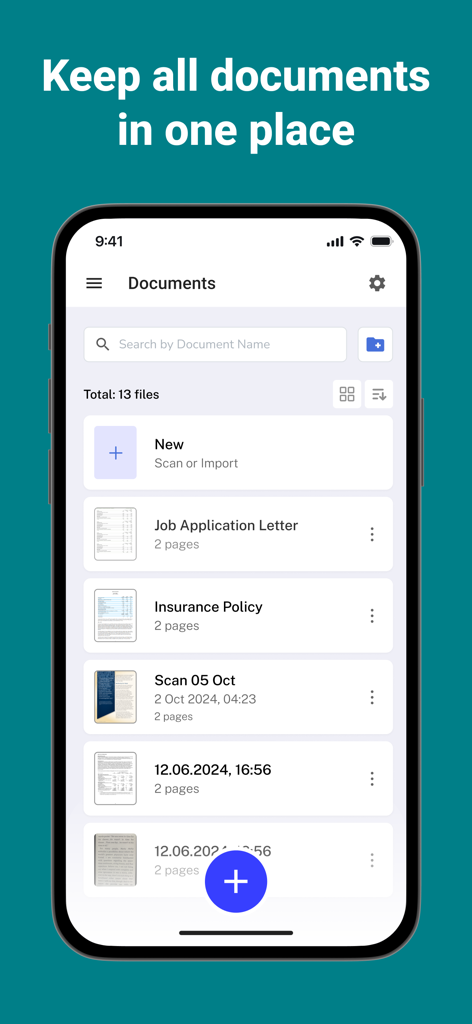 Easy Camera Scanner - PDF - Interfaz de la aplicación Easy Camera Scanner mostrando una lista organizada de documentos PDF escaneados como pólizas de seguro y cartas