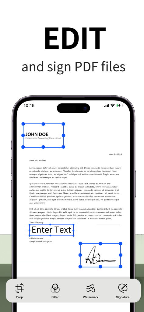 A mobile interface of the Scanner Pro app showing a PDF document being edited with text boxes and an electronic signature