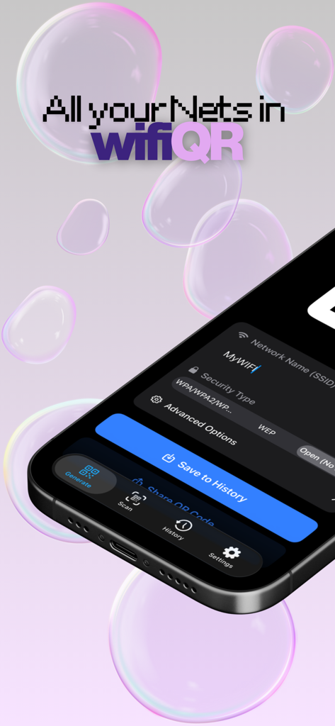 WiFi QR Code Generator - Interface do aplicativo Gerador de Código QR WiFi em um iPhone mostrando a tela de configuração da rede em modo escuro