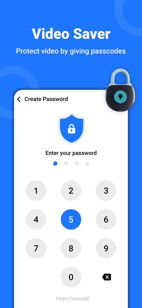 A screen showing the password protection setup in the All Video Saver app with a numeric keypad and lock icon