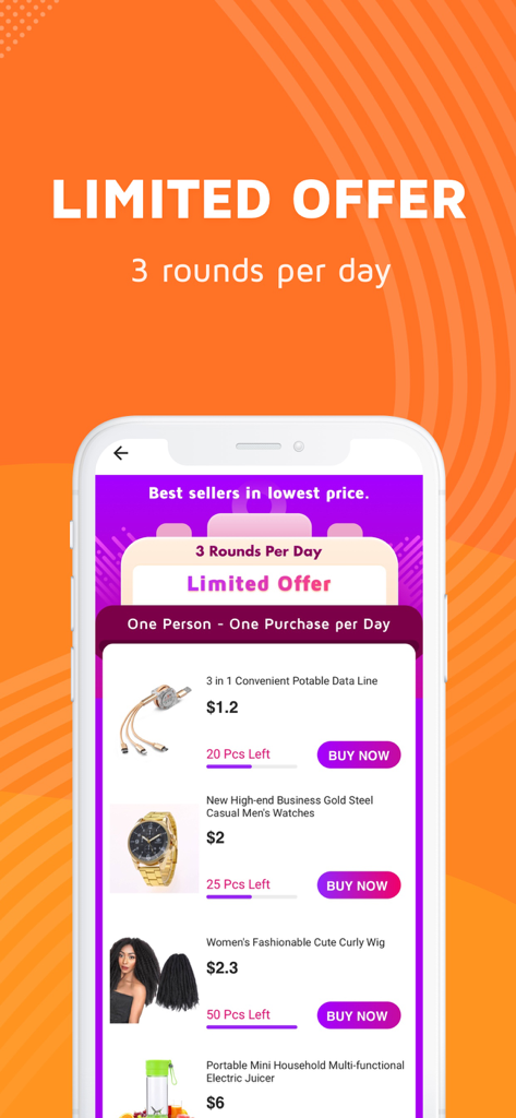 Interfaccia dell'app per lo shopping KiKUU che mostra offerte giornaliere limitate su orologi, parrucche ed elettronica