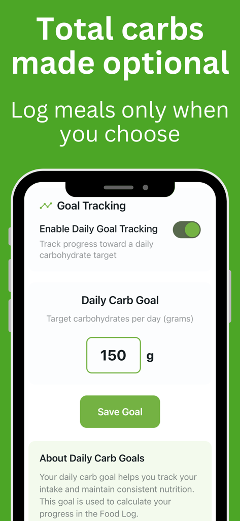 CarbCountAI - CarbCountAI mobile app screen showing options to enable daily goal tracking and set a target carbohydrate intake