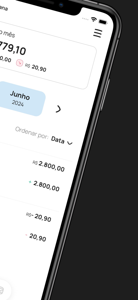 Planeo - L'interface de l'application Planeo affichant une liste de transactions mensuelles et le solde financier sur un iPhone