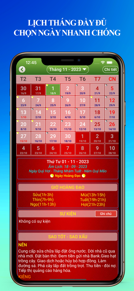 Lịch Vạn Niên 2026 & Lịch Âm - Interfaccia dell'app Calendario Lunare Vietnamita 2026 che mostra una vista mensile con ore propizie e dettagli giornalieri