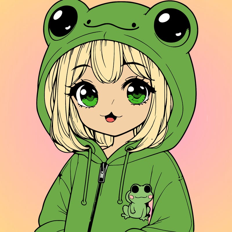 cute realistic girl in a froggy hoodie