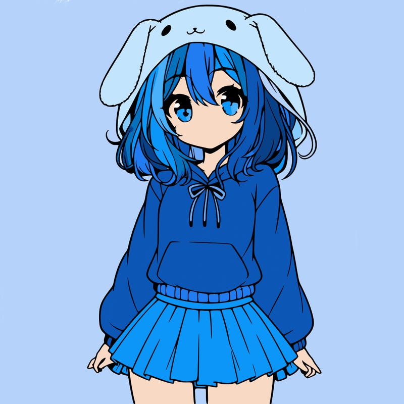pretty anime girl wearing a fluffy hoodie with bunny ears on the hood and a skirt