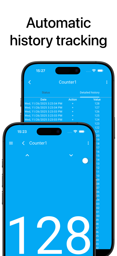 Smart Counter app displaying automatic history tracking with a list of timestamped entries and a large tally display.