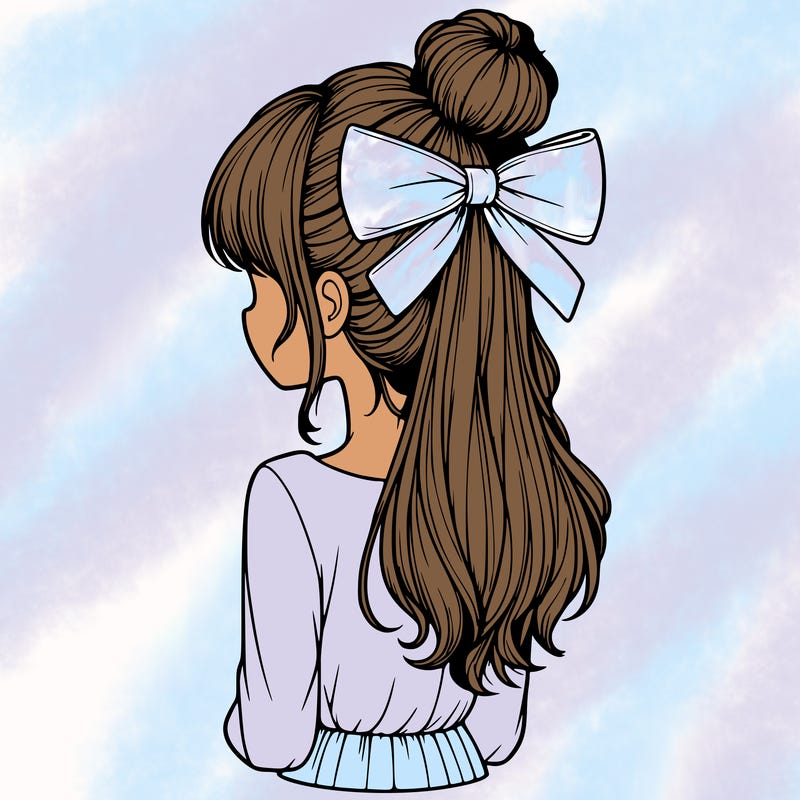 realistic girl  with hip length hair a bun and a big bow on the back of head