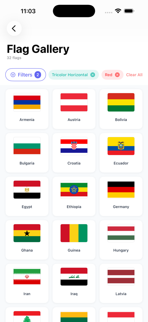 Geography Games. - Flag Gallery screen in the Geography Games app showing a grid of world flags filtered by horizontal tricolor design and red color