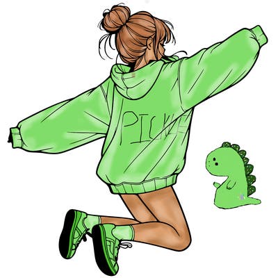 realistic girl jumping with a bun and oversized sweatshirt