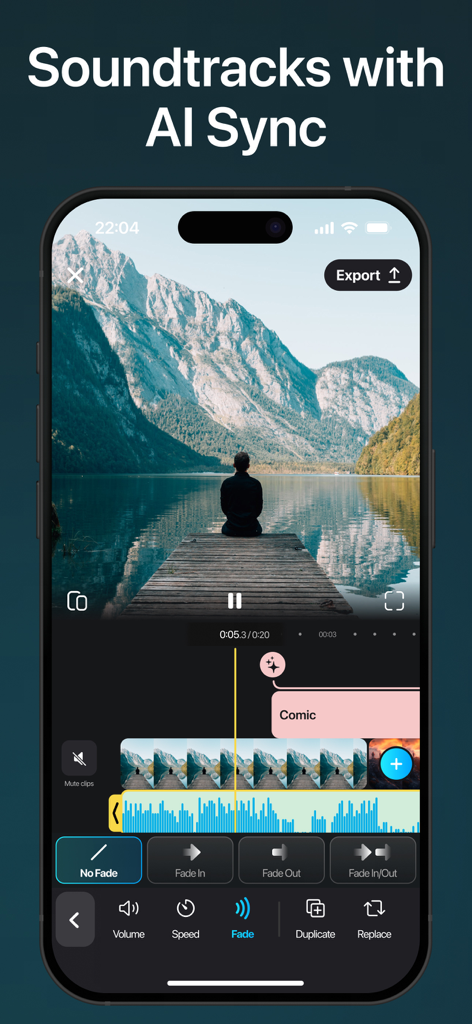 SnapCut: AI Video Editor Maker - SnapCut app interface showing AI soundtrack sync and video editing tools on a mountain landscape clip