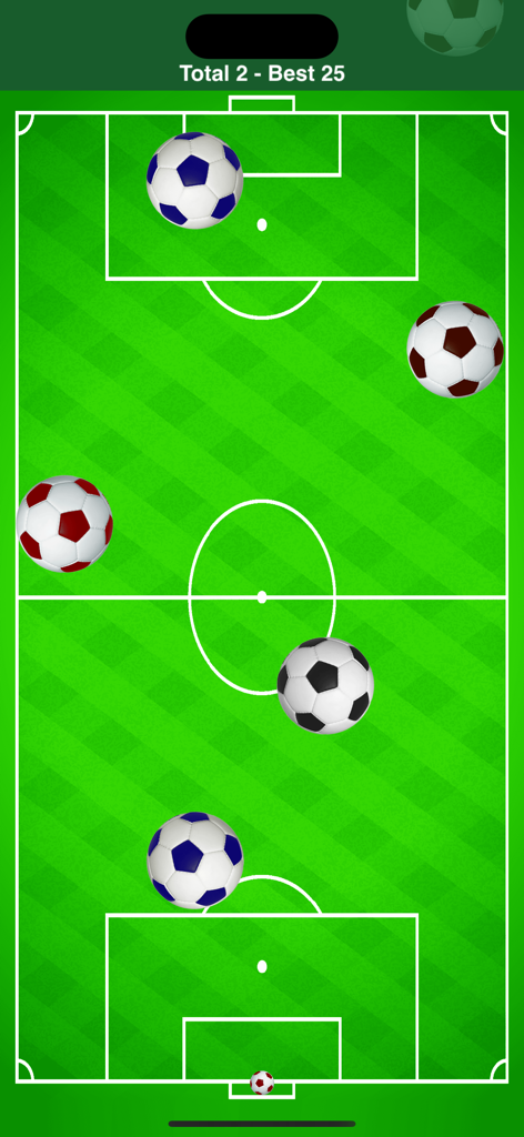 Screenshot di gioco di Calcio Portiere che mostra più palloni da calcio che cadono su un campo verde