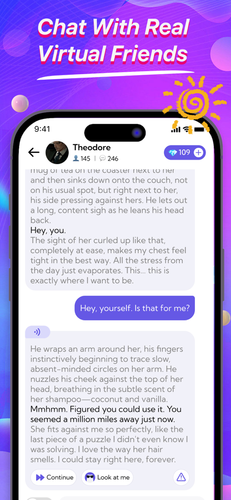 MeetAI：Chat with AI Friend - Écran de chat de jeu de rôle avec un personnage IA nommé Theodore dans l'application MeetAI.