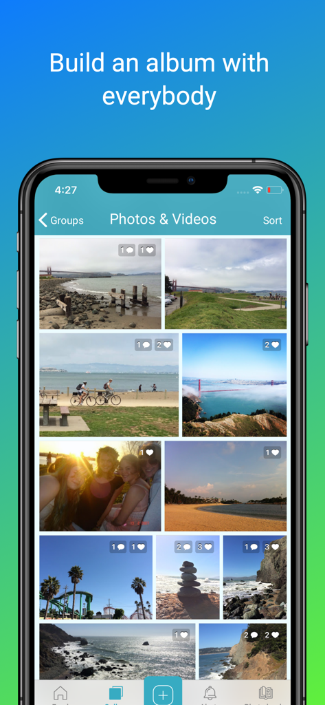Tripcast app interface showing a collaborative gallery of travel photos and videos