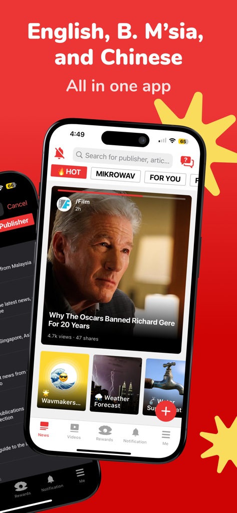 A mobile screen showing the Newswav app interface with news headlines in English, Malay, and Chinese.