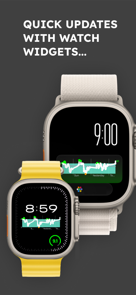 Deux Apple Watches affichant les widgets de l'application Niveau d'Énergie et des complications de données de récupération.