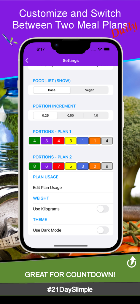 Pantalla de configuración del plan de comidas de la aplicación 21 Day Slimple que muestra la personalización de dos planes de comidas e incrementos de porciones.