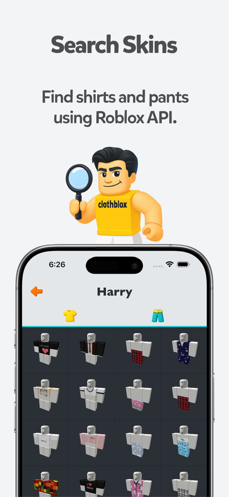 Una interfaz de búsqueda en la aplicación ClothBlox que muestra varias skins de ropa para avatares de Roblox.
