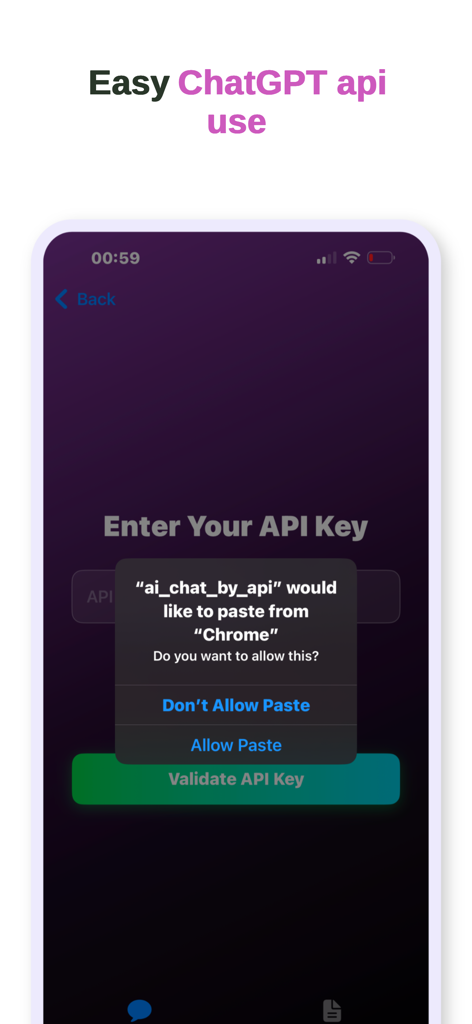 ai chat by api - APIによるAIチャットアプリのインターフェース内でのOpenAI APIキーの入力と検証のためのセットアップ画面。