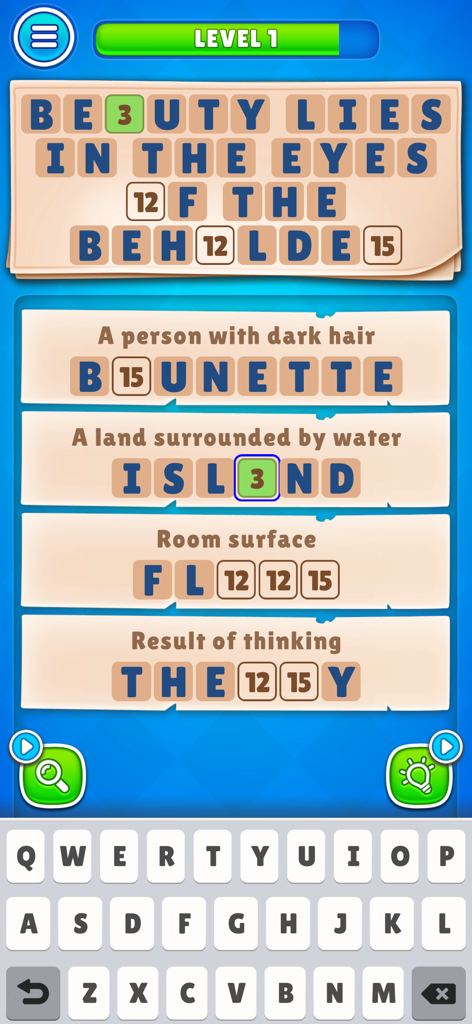 Cryptic Words: Crossword Game - A screenshot of the Cryptic Words game showing a word puzzle and the quote Beauty lies in the eyes of the beholder.