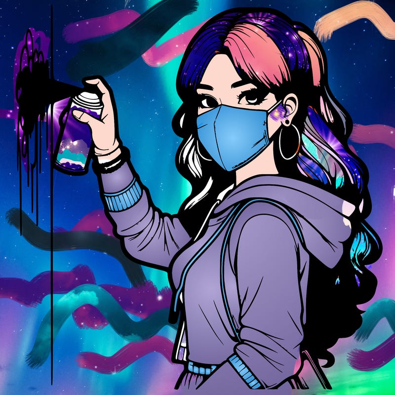 realistic girl with mask spray painting a wall