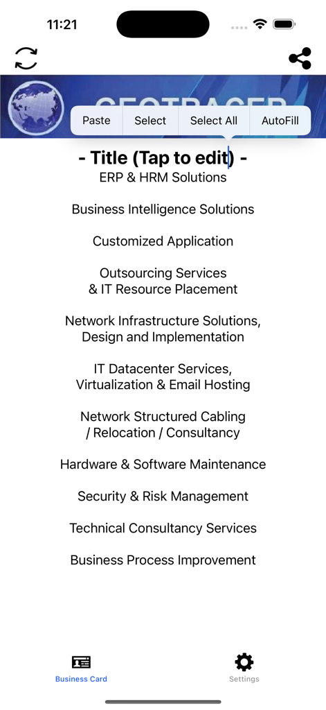 Smart Business NameCard - Digital business card editing interface showing a list of professional services and text editing options