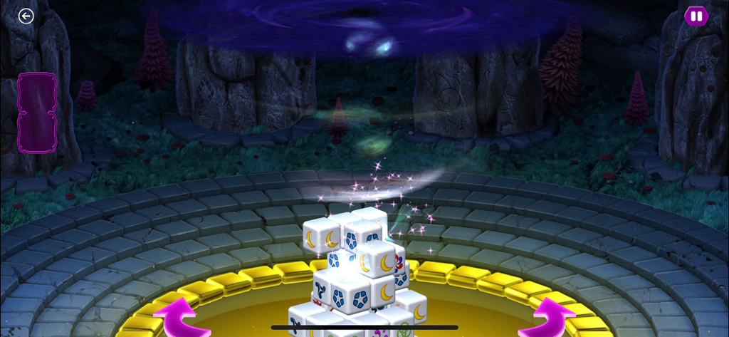 Tap Tiles - 3D Mah-jong Games - A 3D stack of Mahjong tiles in a magical stone arena with rotation arrows in Tap Tiles