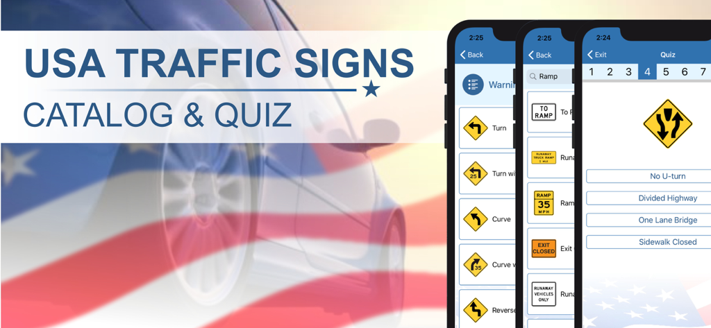 Catalogue des panneaux de signalisation américains et interface de quiz pour la préparation au test de permis DMV.