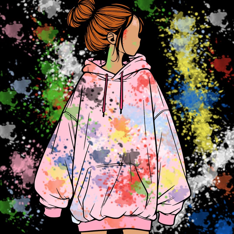 realistic girl with a oversized sweatshirt on and a bun