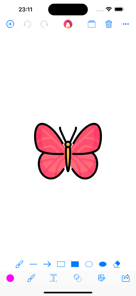 Draw Board on whiteboard pad - Interfaz de pizarra digital que muestra un dibujo de mariposa rosa con varias herramientas de ilustración en la parte superior e inferior de la pantalla