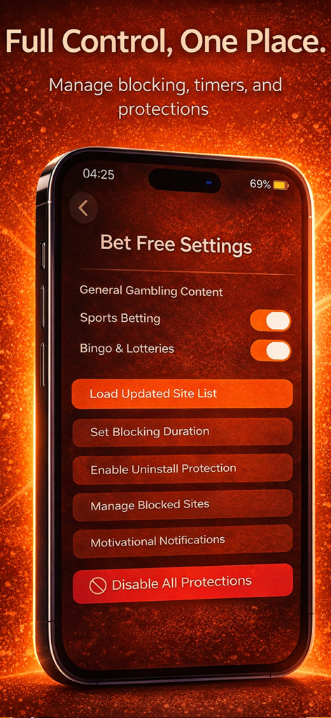 Bet Free: Stop Gambling Now - Settings screen of the Bet Free app showing options for blocking sports betting and managing uninstall protection