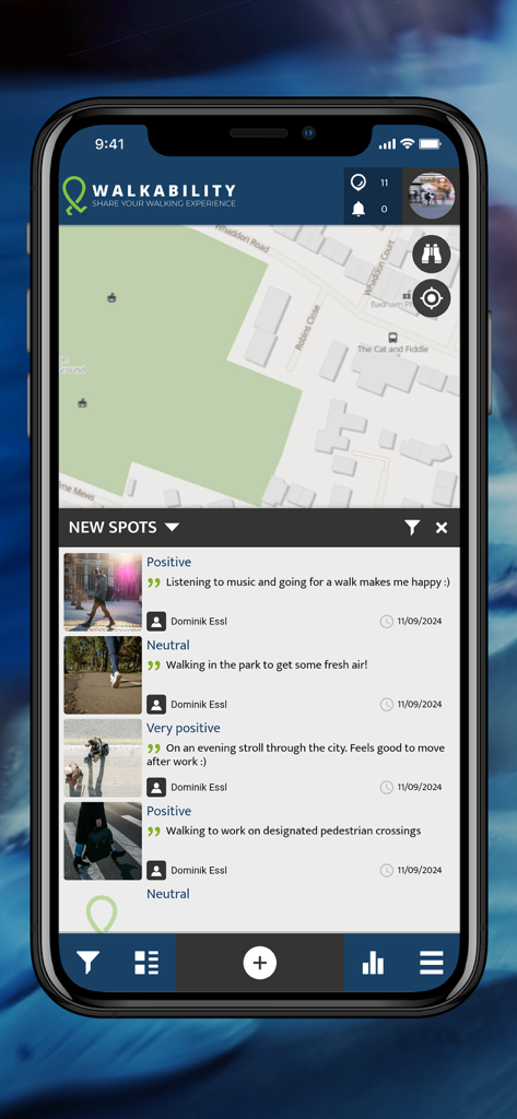 Walkability - A smartphone screen displaying the Walkability app interface with a map view and a feed of community walking experiences