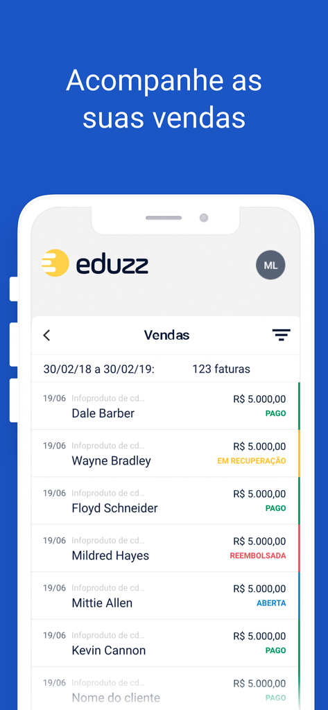 Eduzz - Negócios Digitais - Interfaz de la aplicación móvil Eduzz que muestra una lista de ventas digitales y estados de transacciones.