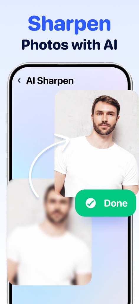 Clean Up Now: AI Cleaner - AI Sharpen feature demonstrating a blurry photo becoming clear