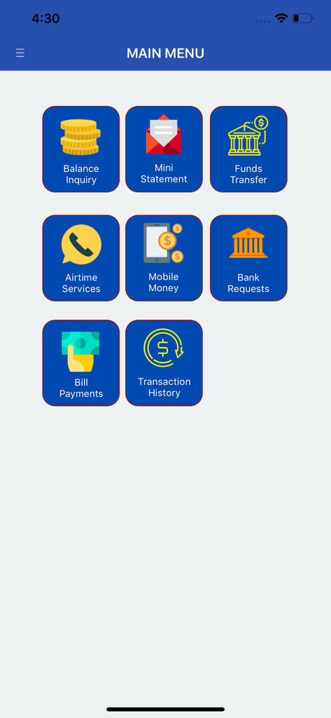 잔액 조회, 자금 이체, 모바일 머니, 공과금 결제 아이콘이 포함된 Housing Finance Bank Uganda 앱 메인 메뉴