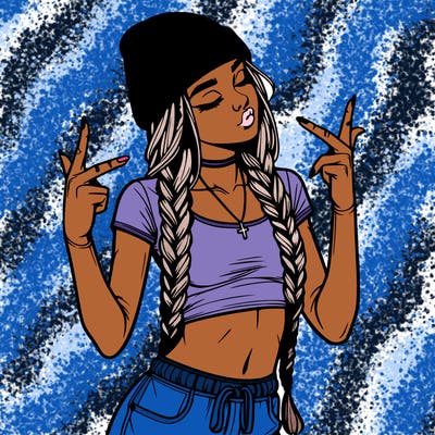 realistic teenage girl with braids and a beanie and crop top doing 🫶🏼