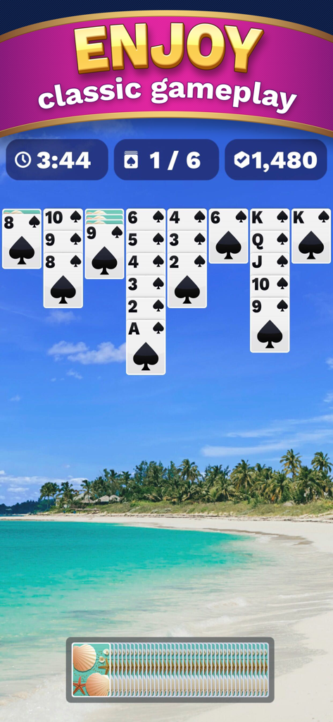 Spider Solitaire Cube - Mobilespiel-Oberfläche von Spider Solitaire Cube, die klassisches Karten-Gameplay mit einem tropischen Strandhintergrund und Timer zeigt