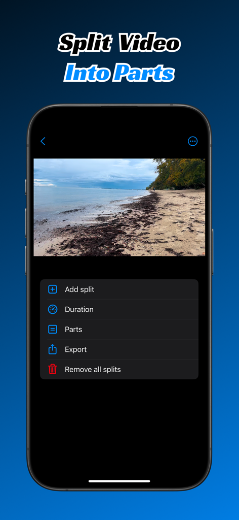 Interfaz de la aplicación Dividir Video en Partes mostrando la división y opciones de exportación de video en un smartphone