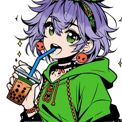 hot baddie anime girl drinking boba and biting the straw