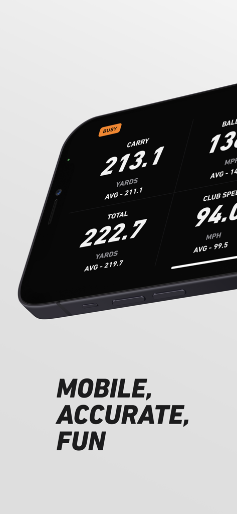 iPhone screen showing ShotVision app golf performance metrics including carry distance and club speed