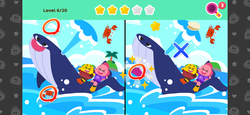 Cocobi Coloring & Games - Juego de rompecabezas de encuentra las diferencias con personajes de Cocobi y una gran ballena azul.