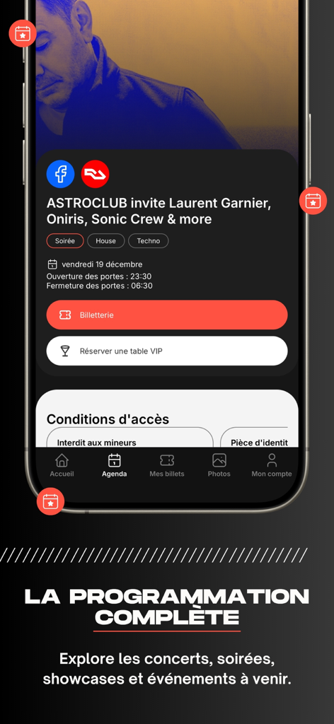 Warehouse - Warehouse app interface showing upcoming events and ticket booking details for a nightclub in Nantes