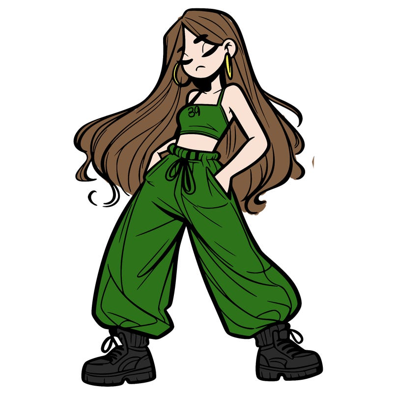 girl in baggy pants crop top and long hair
