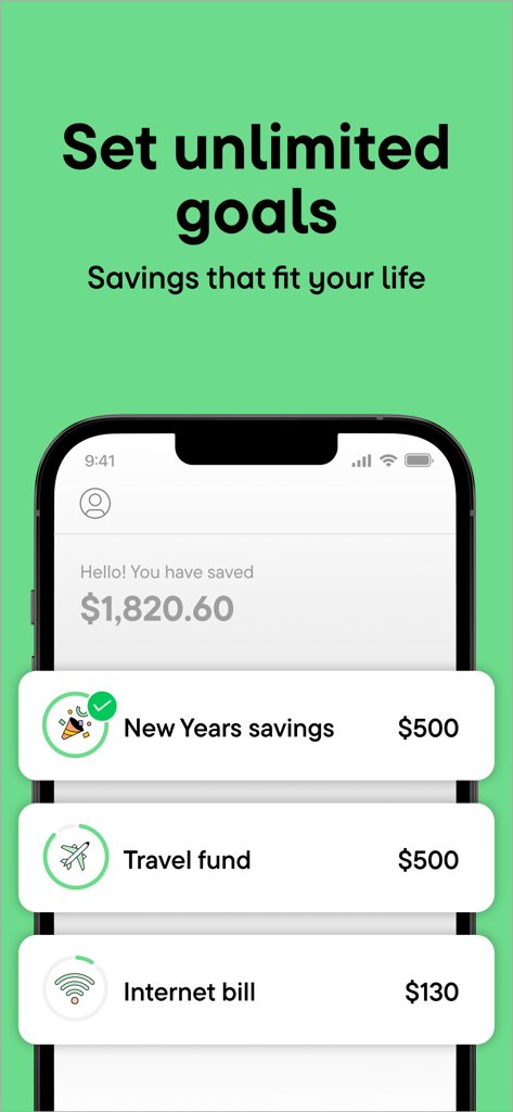 Oportun: Finances made simple - Screenshot dell'app Oportun che mostra il totale dei risparmi e obiettivi finanziari specifici come viaggi e bollette.