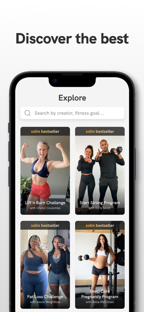Solin app explore screen showcasing creator led fitness challenges and workout programs